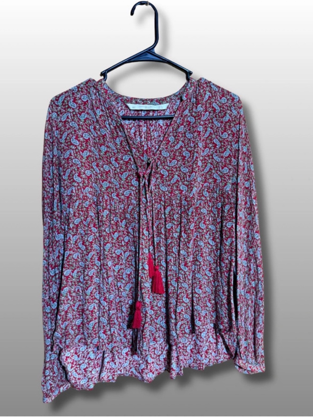 Zara Pink Red Paisley Tie-Neck Long Sleeve Tunic